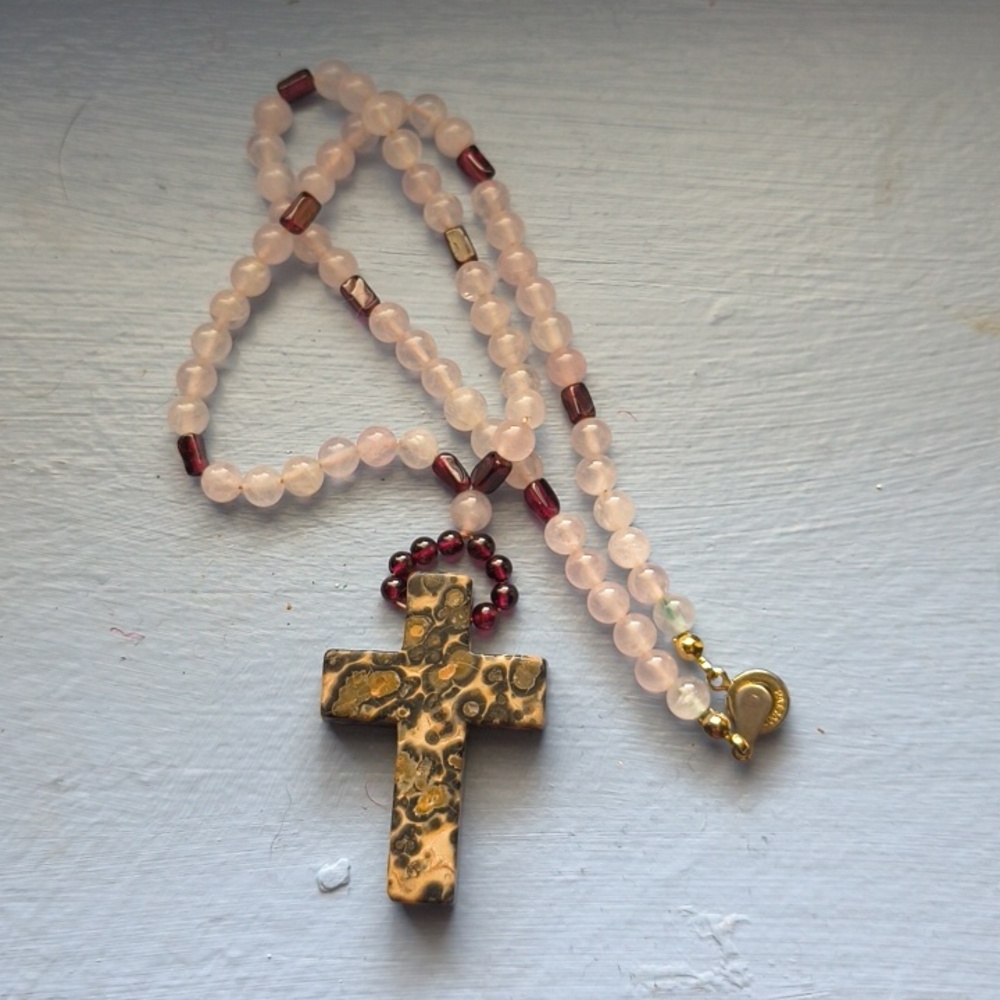 Rose Quartz Bead Necklace w/ Leopard Agate Cross